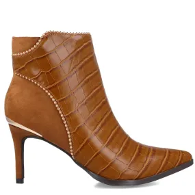 MB 22612 Tan Suede Microfiber & Croc Print Ankle Boots