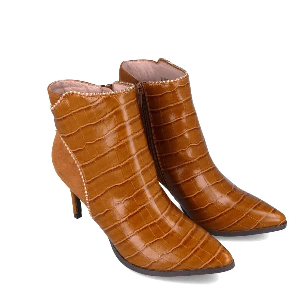 MB 22612 Tan Suede Microfiber & Croc Print Ankle Boots