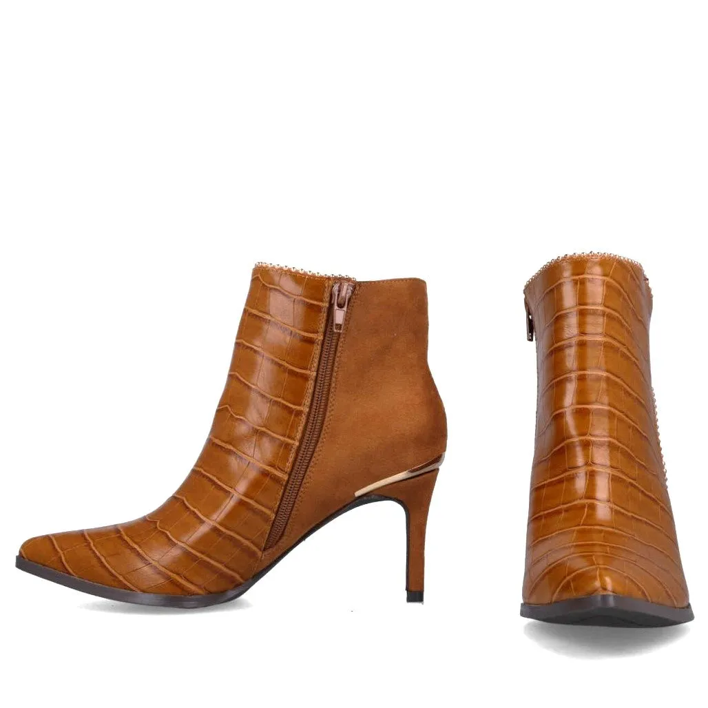 MB 22612 Tan Suede Microfiber & Croc Print Ankle Boots