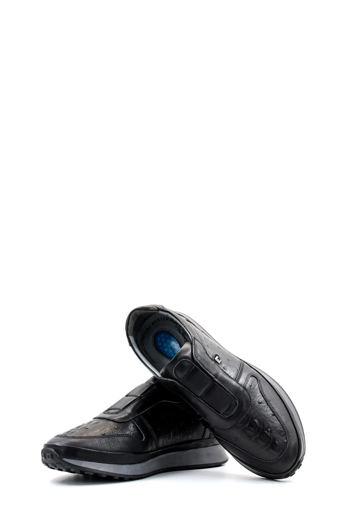 Men's Black Leather Sneakers with Textured Sole - Wessi
