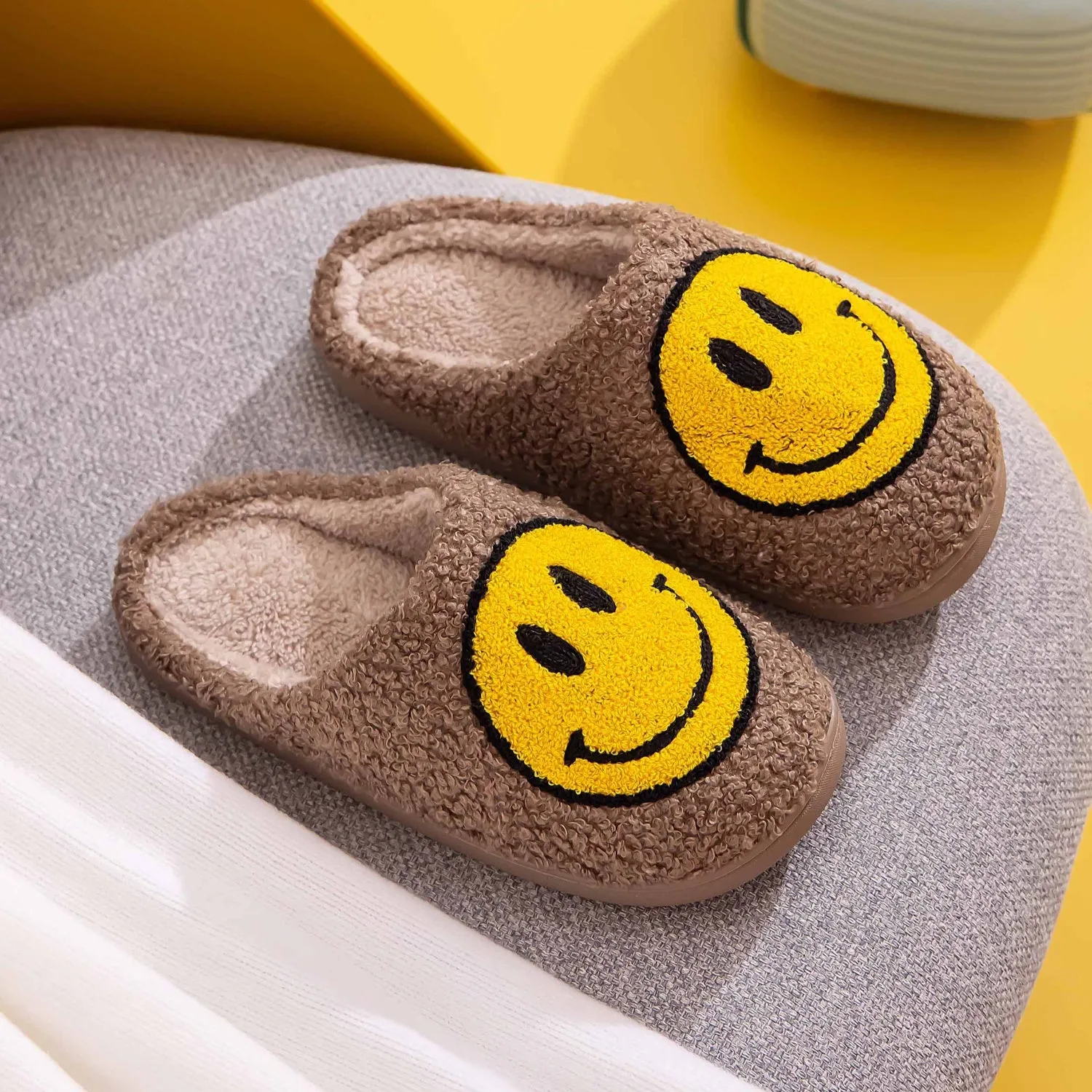 Smiley Face Slippers - Brown
