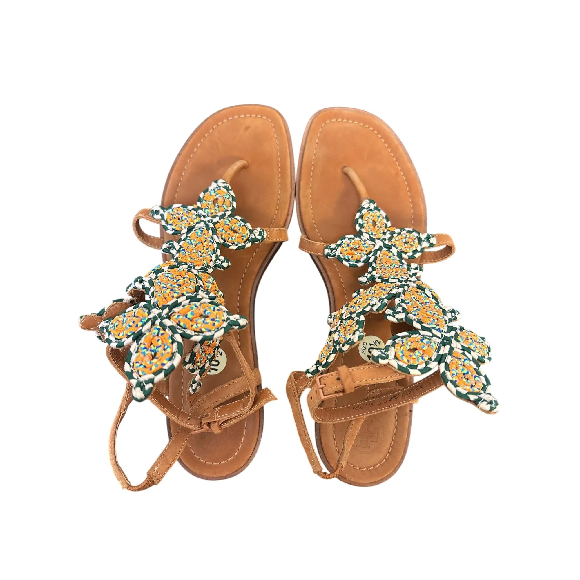 Tory Burch Brown Leather Sandals w/Embellished Floral Design Size 10.5