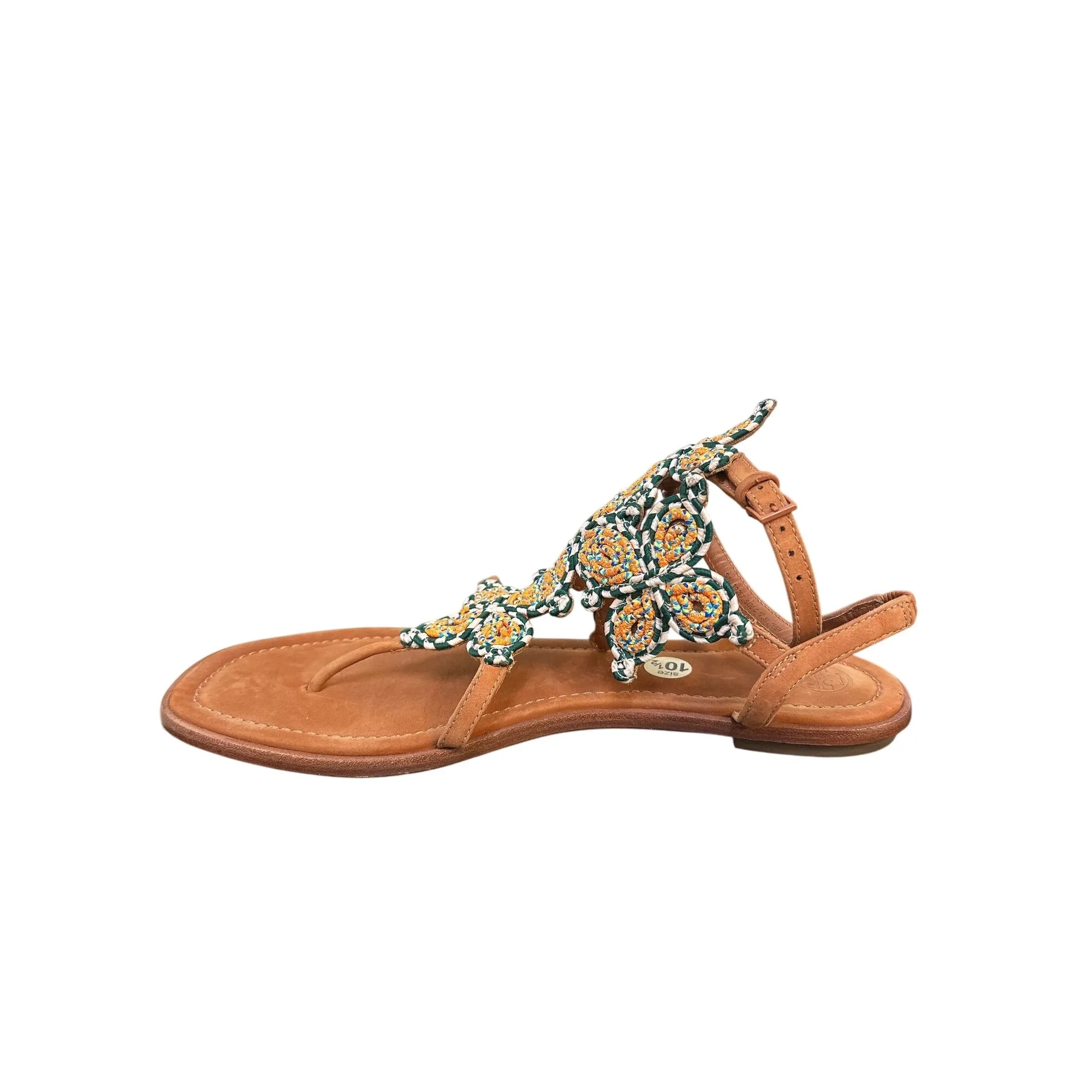 Tory Burch Brown Leather Sandals w/Embellished Floral Design Size 10.5