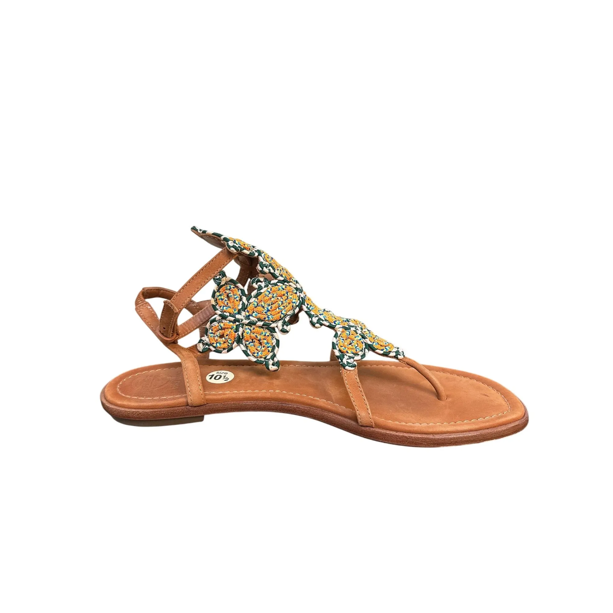 Tory Burch Brown Leather Sandals w/Embellished Floral Design Size 10.5
