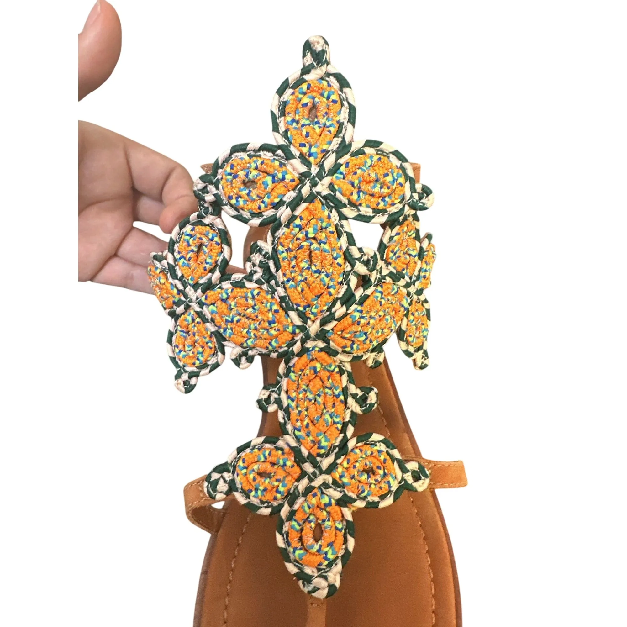 Tory Burch Brown Leather Sandals w/Embellished Floral Design Size 10.5