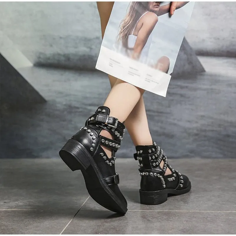 Women's Casual Leather Ankle Boots With Buckle Straps