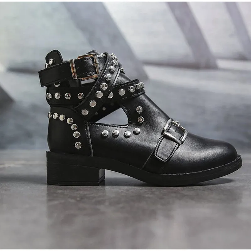 Women's Casual Leather Ankle Boots With Buckle Straps