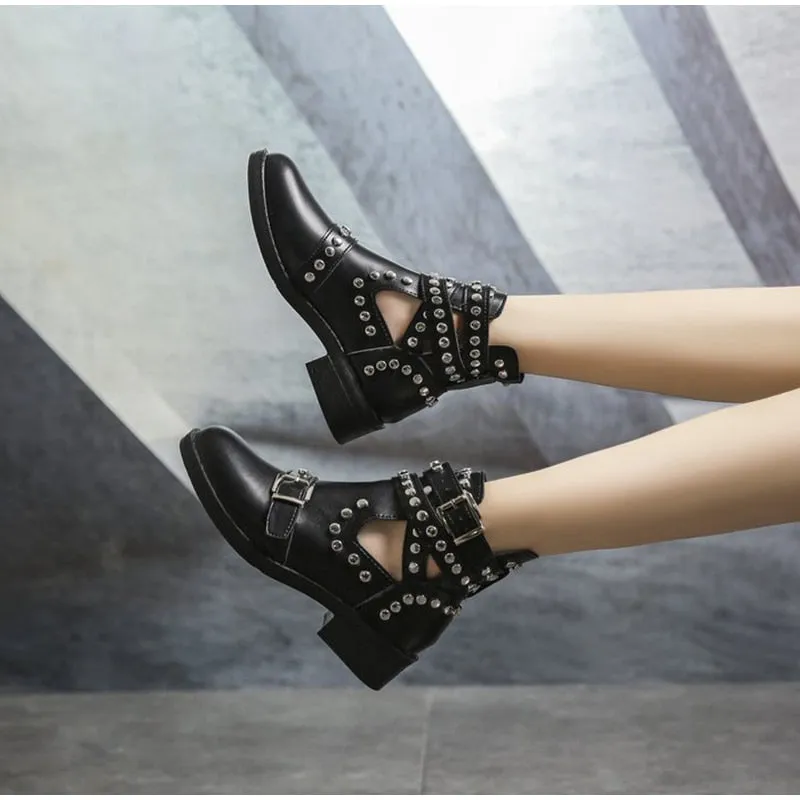 Women's Casual Leather Ankle Boots With Buckle Straps