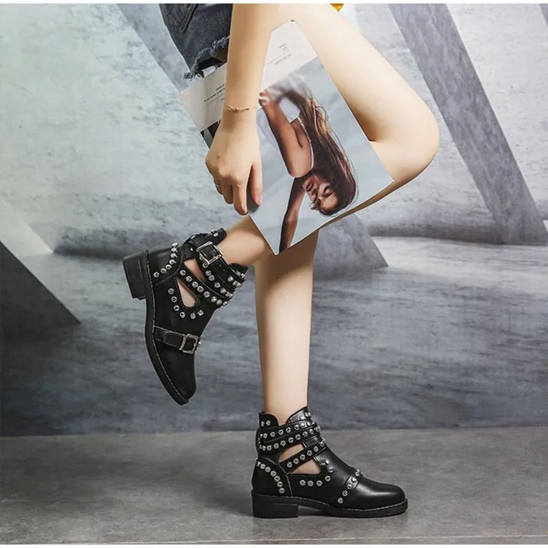 Women's Casual Leather Ankle Boots With Buckle Straps