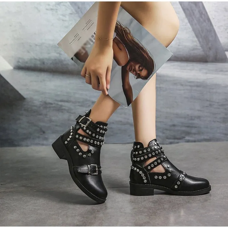 Women's Casual Leather Ankle Boots With Buckle Straps