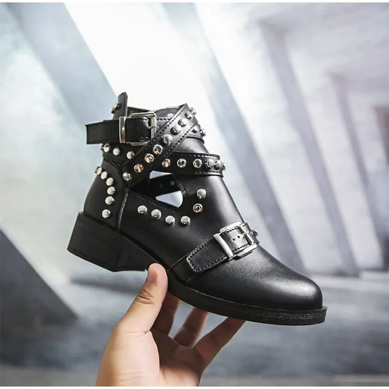 Women's Casual Leather Ankle Boots With Buckle Straps