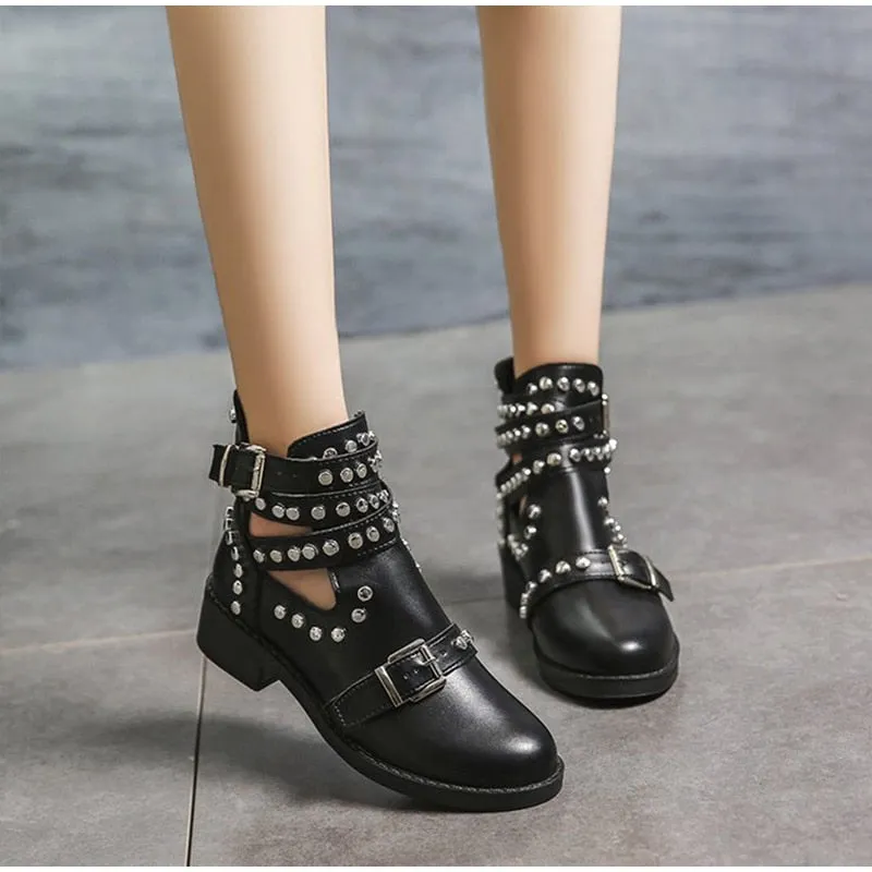 Women's Casual Leather Ankle Boots With Buckle Straps