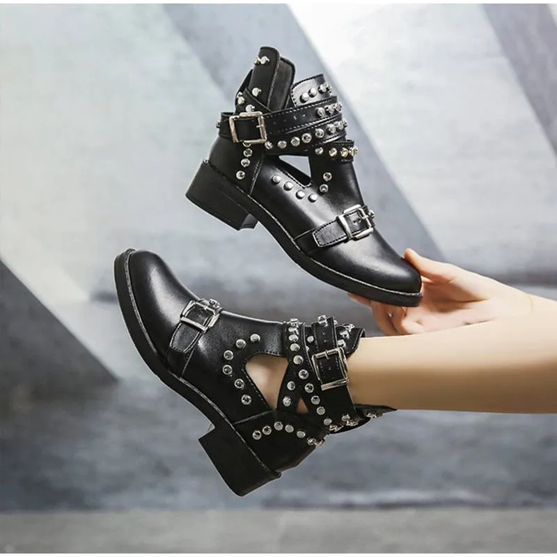 Women's Casual Leather Ankle Boots With Buckle Straps