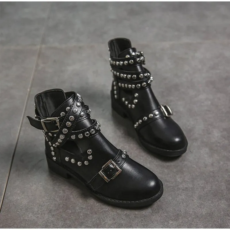 Women's Casual Leather Ankle Boots With Buckle Straps