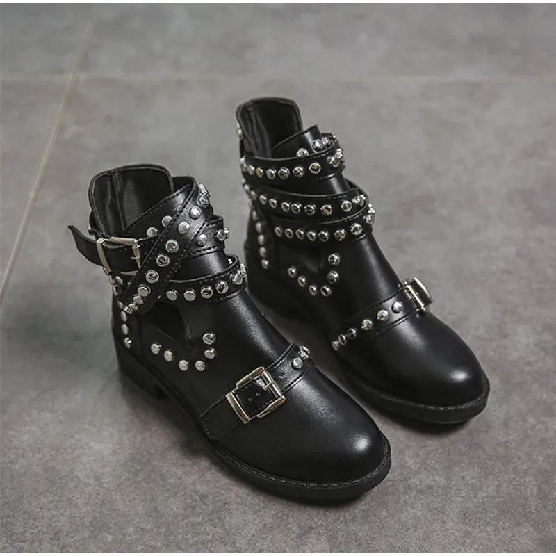Women's Casual Leather Ankle Boots With Buckle Straps