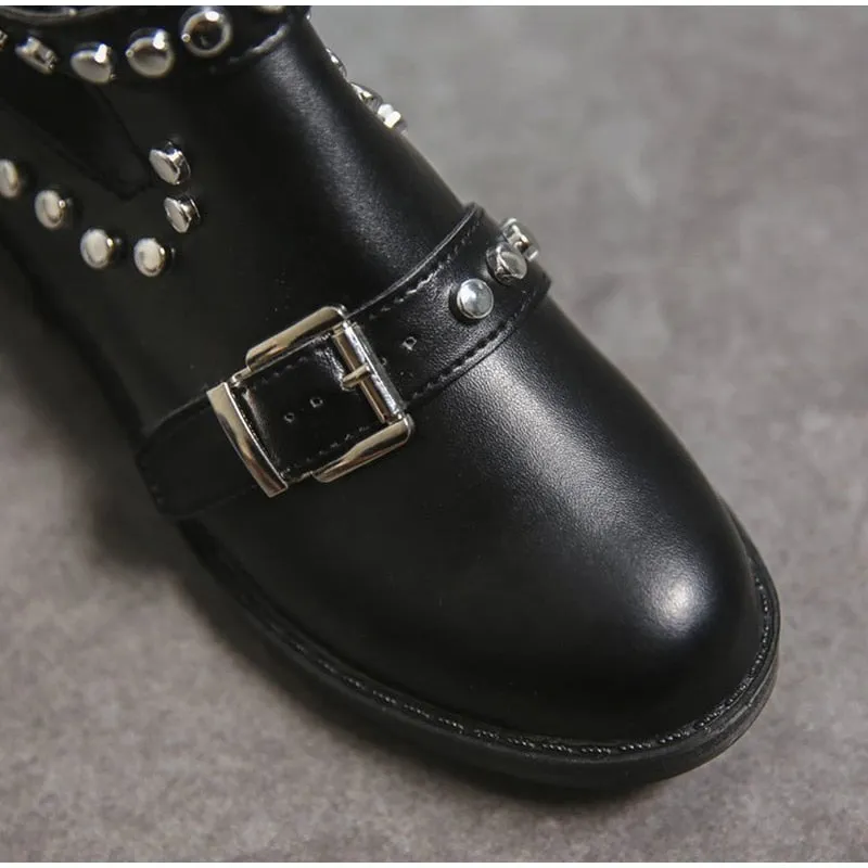 Women's Casual Leather Ankle Boots With Buckle Straps